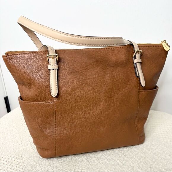 Michael Kors Jet Set Large Pebble Leather Top-Zip Tote Bag Tan - Picture 8 of 11